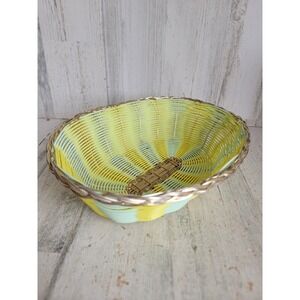 Small Easter yellow green wicker basket spring metal rimmed home decor